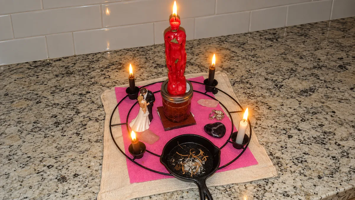 Autel d’amour : bougie rouge, figurines de mariés, quartz rose et cœur d’améthyste